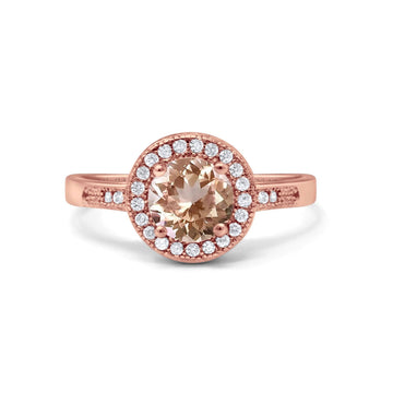 14K Rose Gold 0.94ct Round Art Deco 6mm G SI Natural Morganite Diamond Engagement Wedding Ring Size 6.5